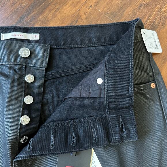 LEVI'S Icon Mini Skirt Black Denim Cotton Frayed Button Fly Goth NWT - Picture 5 of 10